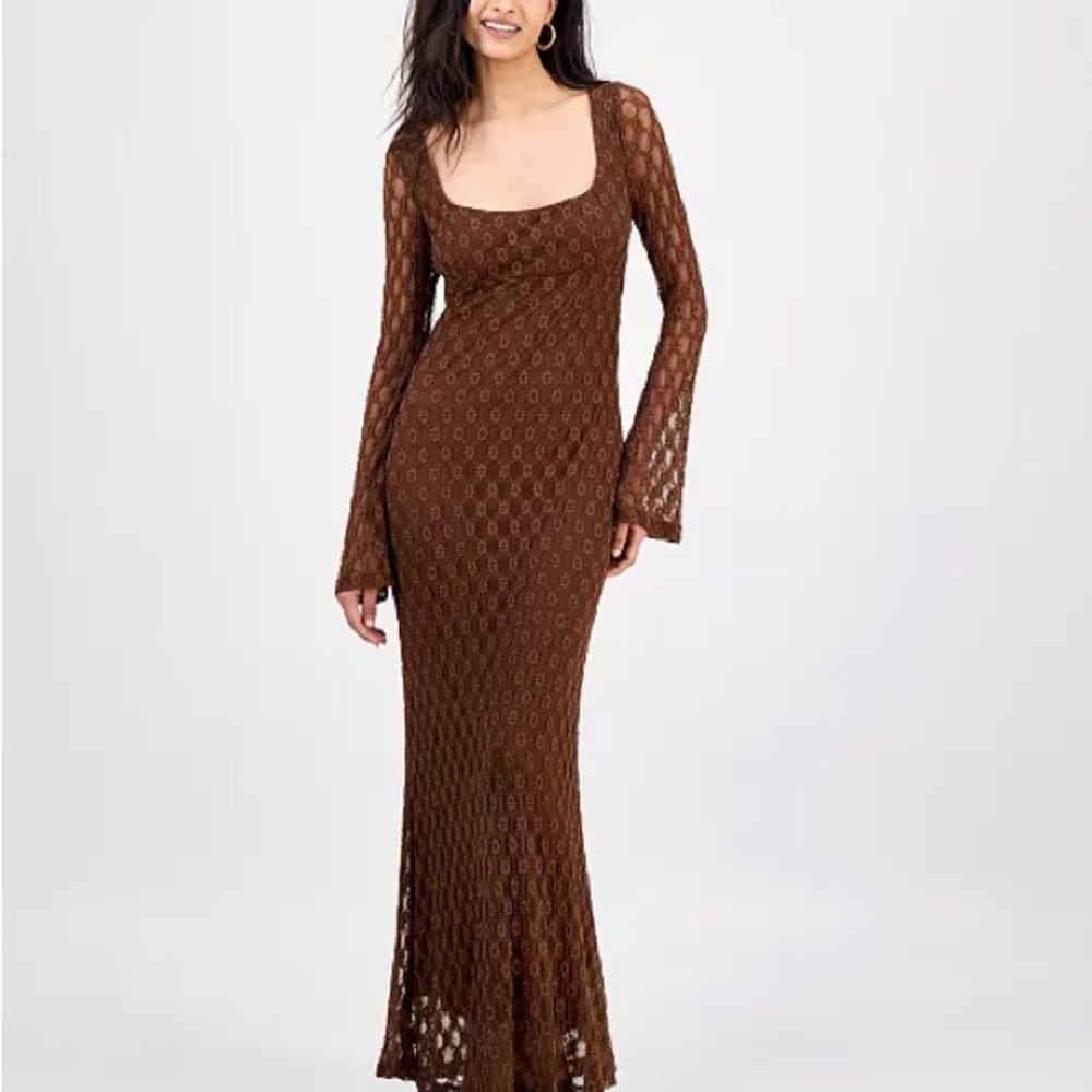 Bardot Brown Lace Long-Sleeve Maxi Dress